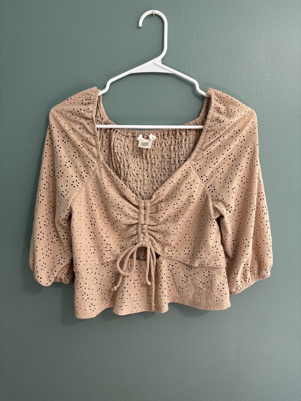 URBAN Romantics Taupe Eyelet Ruched Tie-Front Blouse